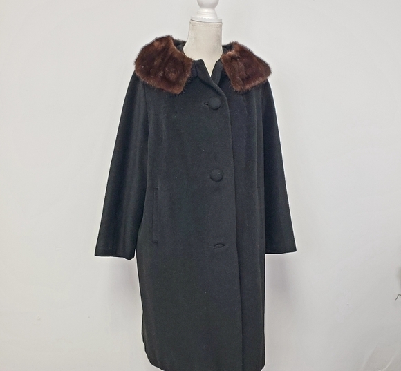 Vtg Townly Wool Dress Coat Mink Fur Collar Black L Satin Lined EUC Mid Century - Picture 9 of 16